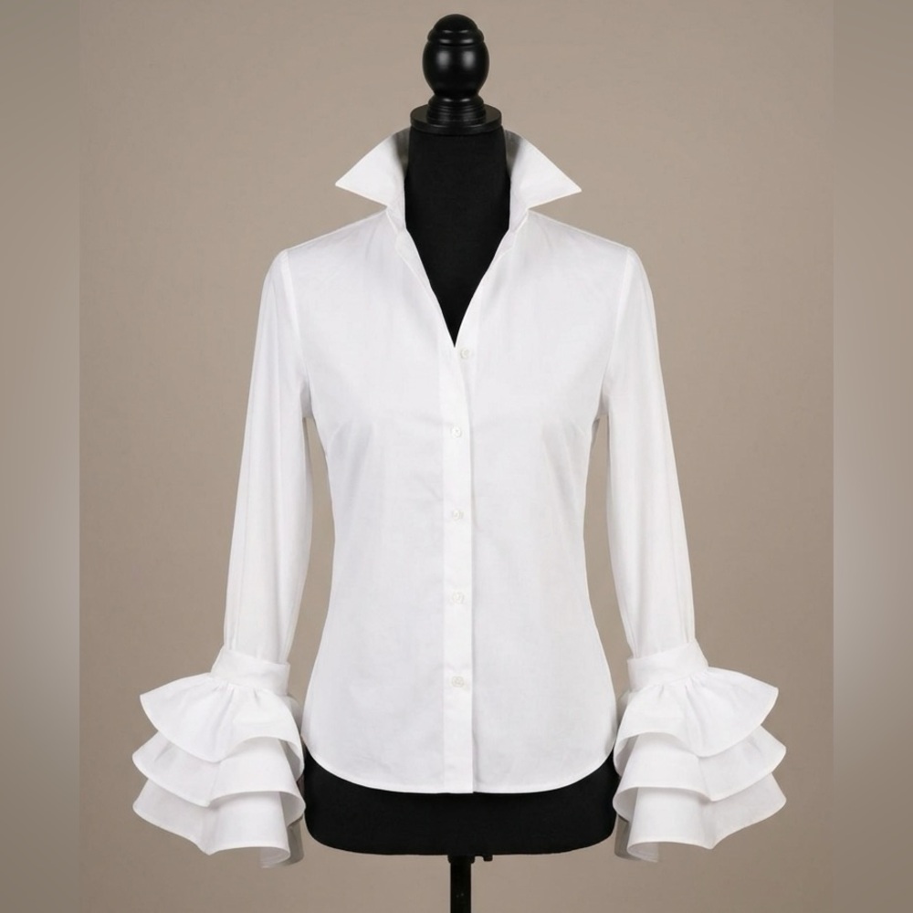 Plus Size White Statement Ruffle Cuff Button Blouse Bow Sleeves - Picture 8 of 8